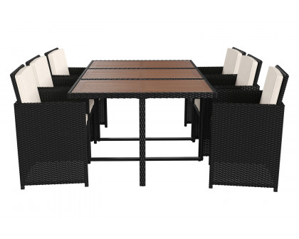 BLNK Peregrine Outdoor Patio Dining Set with Space Saving Black Wicker Modular Chairs-Cream Cushions and Acacia Wood Table Top 7 Piece - Natural