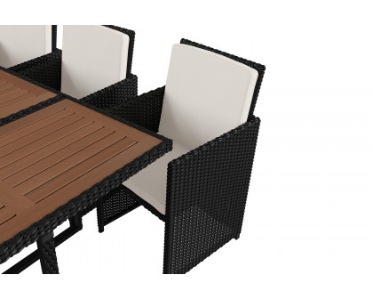 BLNK Peregrine Outdoor Patio Dining Set with Space Saving Black Wicker Modular Chairs-Cream Cushions and Acacia Wood Table Top 7 Piece - Natural