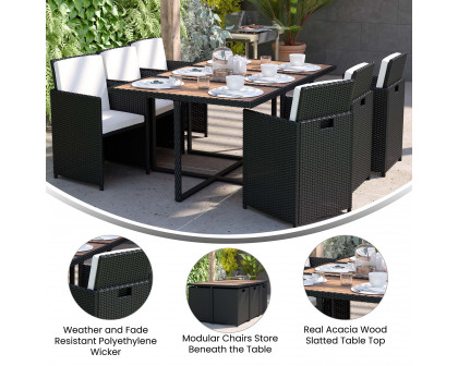 BLNK Peregrine Outdoor Patio Dining Set with Space Saving Black Wicker Modular Chairs-Cream Cushions and Acacia Wood Table Top 7 Piece - Natural