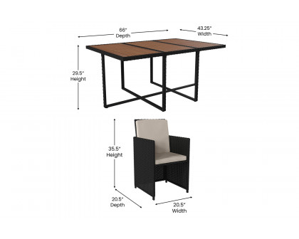 BLNK Peregrine Outdoor Patio Dining Set with Space Saving Black Wicker Modular Chairs-Cream Cushions and Acacia Wood Table Top 7 Piece - Natural