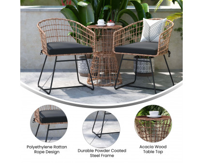 BLNK Devon Indoor-Outdoor Natural Patio Bistro Set 3-Piece - Black