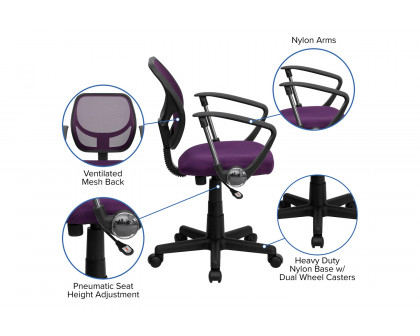 BLNK Neri Low-Back Mesh Swivel Task Office Chair with Curved Square Back - Purple, with Arms