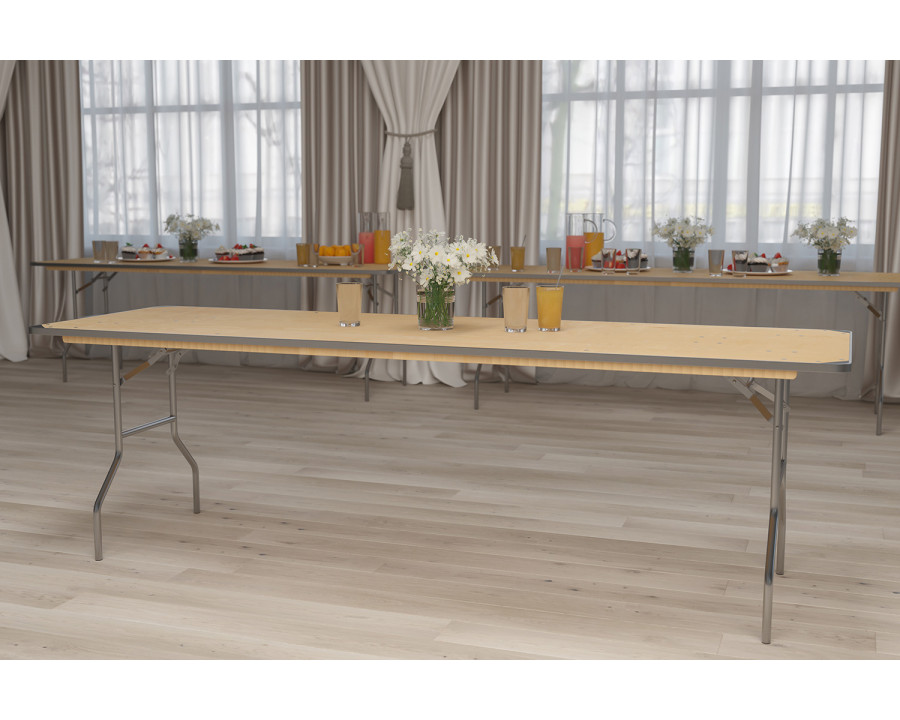 BLNK Fielder Rectangular Birchwood Heavy Duty Folding Banquet Table with Metal Edges and Protective Corner Guards - 2.5'W x 8'L