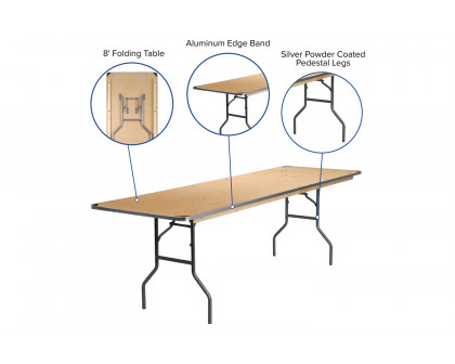 BLNK Fielder Rectangular Birchwood Heavy Duty Folding Banquet Table with Metal Edges and Protective Corner Guards - 2.5'W x 8'L