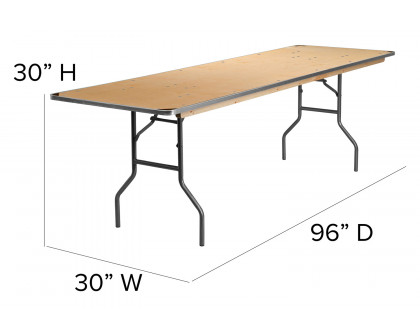 BLNK Fielder Rectangular Birchwood Heavy Duty Folding Banquet Table with Metal Edges and Protective Corner Guards - 2.5'W x 8'L