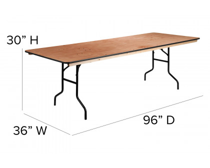 BLNK Fielder Rectangular Wood Folding Banquet Table with Clear Coated Finished Top - 3'W x 8'L