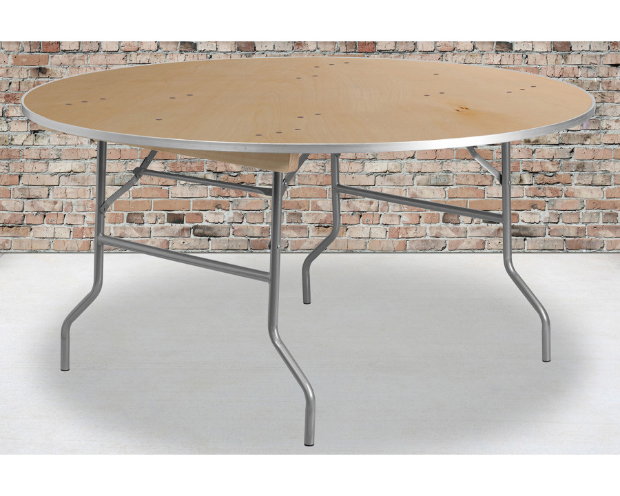 BLNK Fielder Round Birchwood Heavy Duty Folding Banquet Table with Metal Edges - 5'D