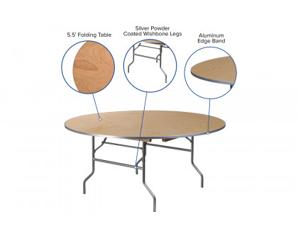 BLNK Fielder Round Birchwood Heavy Duty Folding Banquet Table with Metal Edges - 5.5'D