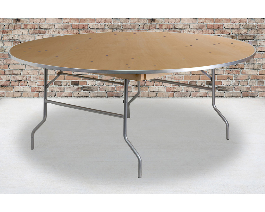 BLNK Fielder Round Birchwood Heavy Duty Folding Banquet Table with Metal Edges - 6'D