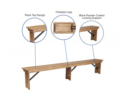 BLNK - HERCULES Series Antique Rustic Solid Pine Folding Farm Bench with 3 Legs