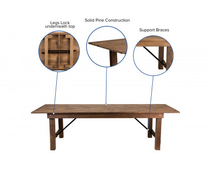 BLNK HERCULES Series Rectangular Antique Rustic Solid Pine Folding Farm Table - Natural, 40"W x 9'L