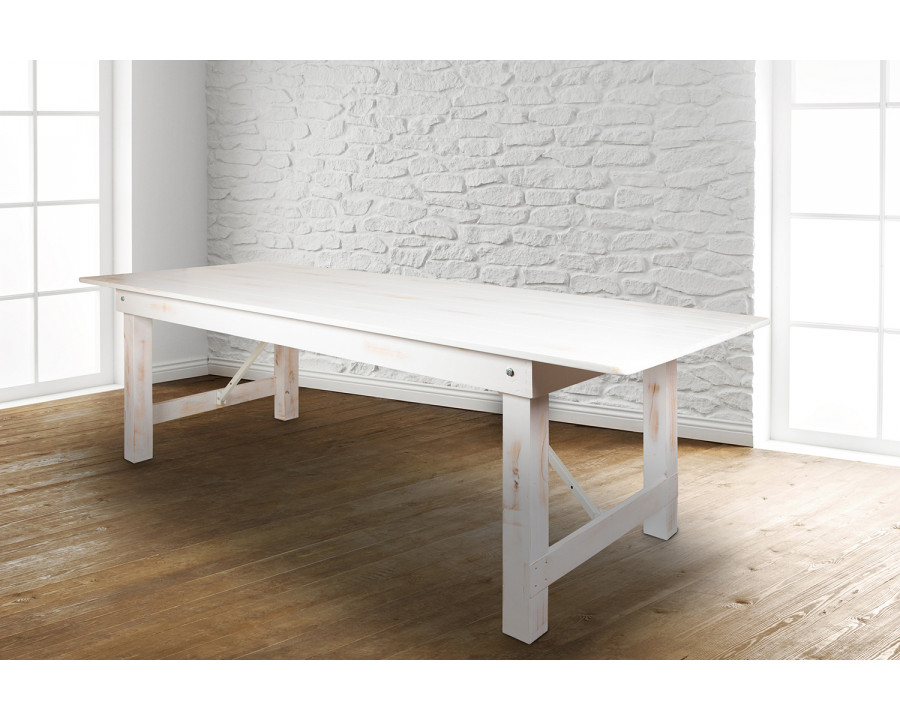 BLNK HERCULES Series Rectangular Antique Rustic Solid Pine Folding Farm Table - White, 40"W x 9'L