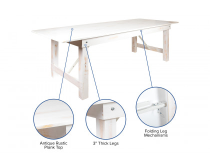 BLNK HERCULES Series Rectangular Antique Rustic Solid Pine Folding Farm Table - White, 40"W x 9'L