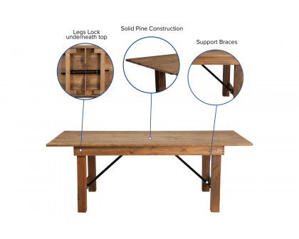 BLNK HERCULES Series Rectangular Antique Rustic Solid Pine Folding Farm Table - Natural, 40"W x 7'L