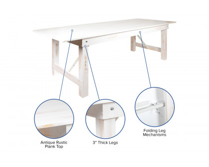 BLNK HERCULES Series Rectangular Antique Rustic Solid Pine Folding Farm Table - White, 40"W x 7'L