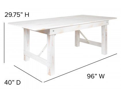 BLNK HERCULES Series Rectangular Antique Rustic Solid Pine Folding Farm Table - White, 40"W x 8'L