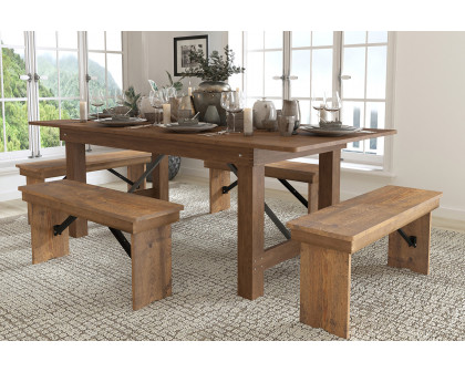 BLNK HERCULES Series Antique Rustic Folding Farm Table and Four Bench Set