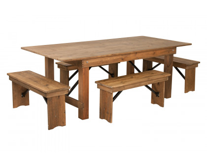 BLNK HERCULES Series Antique Rustic Folding Farm Table and Four Bench Set - Natural, 40"W x 7'L