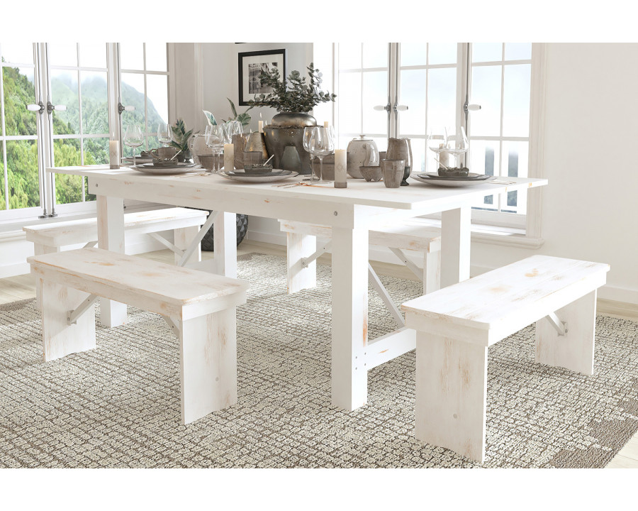 BLNK HERCULES Series Antique Rustic Folding Farm Table and Four Bench Set - White, 40"W x 7'L