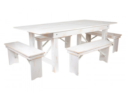 BLNK HERCULES Series Antique Rustic Folding Farm Table and Four Bench Set - White, 40"W x 7'L