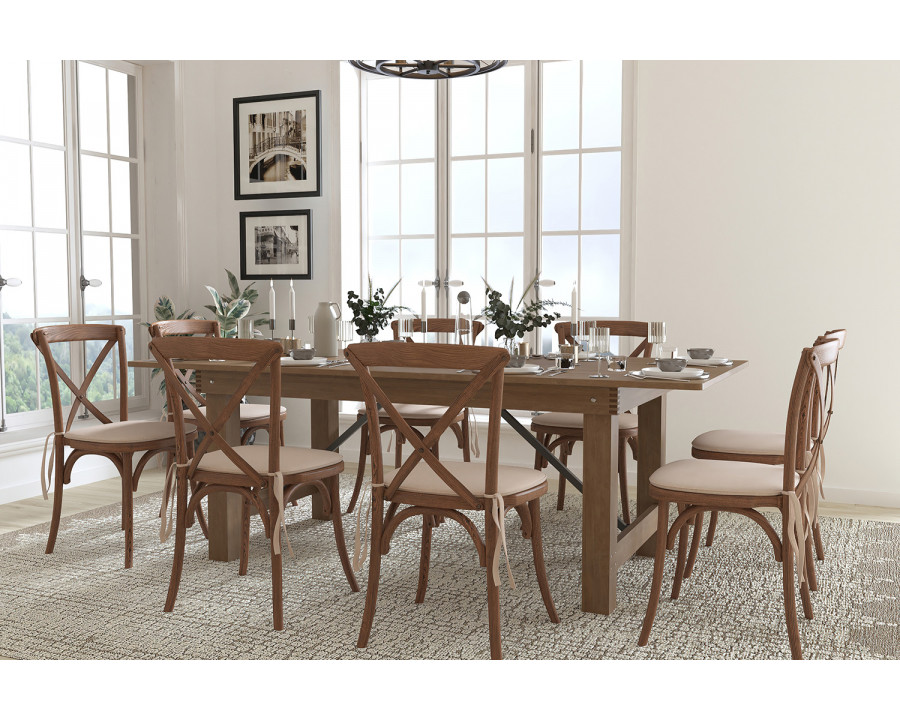 BLNK HERCULES Series Antique Rustic Folding Farm Table Set with 8 Cross Back Chairs and Cushions - 40"W x 7'L