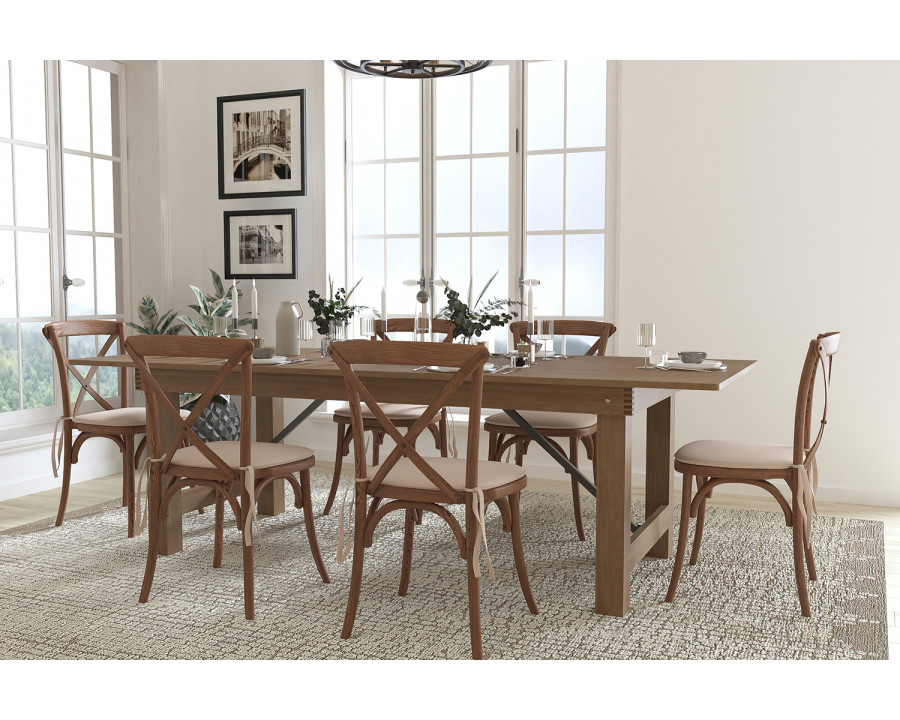 BLNK HERCULES Series Antique Rustic Folding Farm Table Set with 6 Cross Back Chairs and Cushions