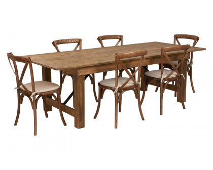 BLNK HERCULES Series Antique Rustic Folding Farm Table Set with 6 Cross Back Chairs and Cushions