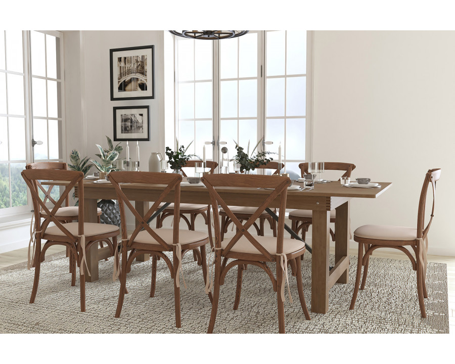 BLNK HERCULES Series Antique Rustic Folding Farm Table Set with 8 Cross Back Chairs and Cushions - 40"W x 8'L