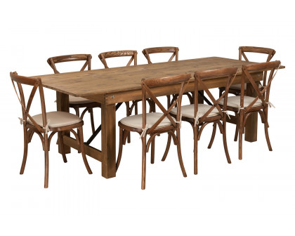 BLNK HERCULES Series Antique Rustic Folding Farm Table Set with 8 Cross Back Chairs and Cushions - 40"W x 8'L