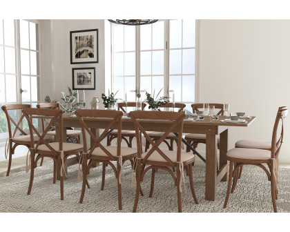 BLNK HERCULES Series Antique Rustic Folding Farm Table Set with 10 Cross Back Chairs and Cushions