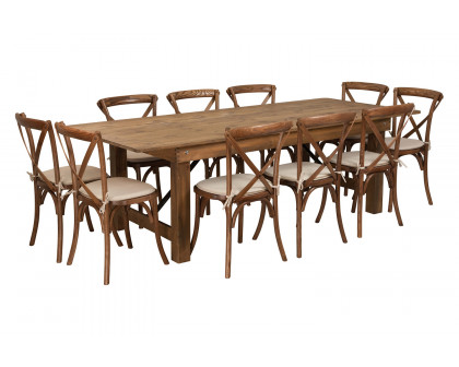 BLNK HERCULES Series Antique Rustic Folding Farm Table Set with 10 Cross Back Chairs and Cushions - 40"W x 8'L