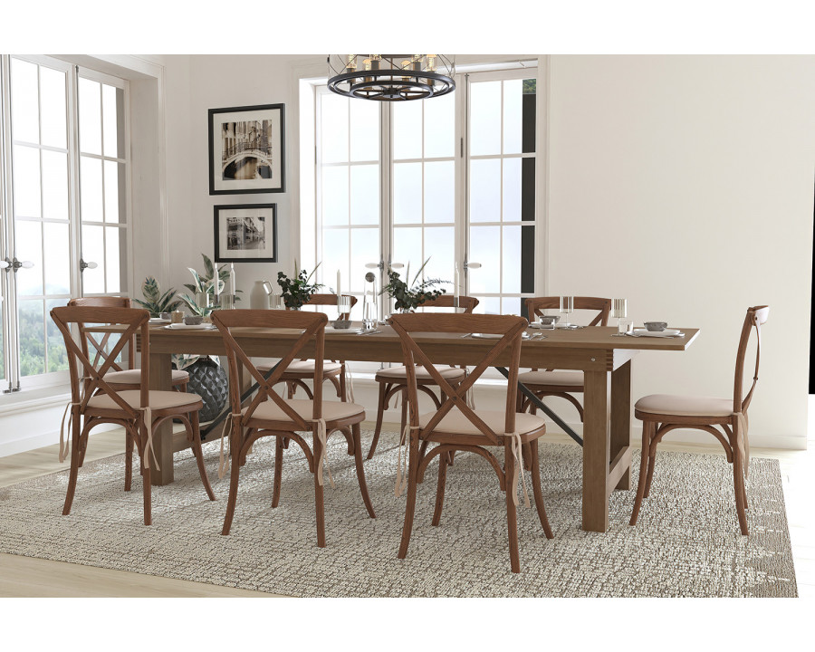 BLNK HERCULES Series Antique Rustic Folding Farm Table Set with 8 Cross Back Chairs and Cushions