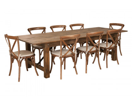 BLNK HERCULES Series Antique Rustic Folding Farm Table Set with 8 Cross Back Chairs and Cushions