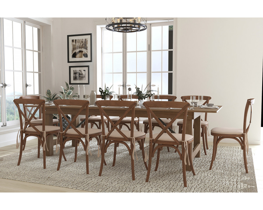 BLNK HERCULES Series Antique Rustic Folding Farm Table Set with 10 Cross Back Chairs and Cushions