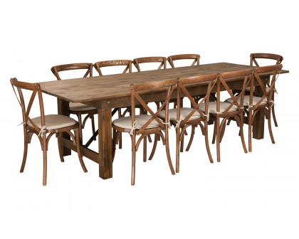 BLNK HERCULES Series Antique Rustic Folding Farm Table Set with 10 Cross Back Chairs and Cushions