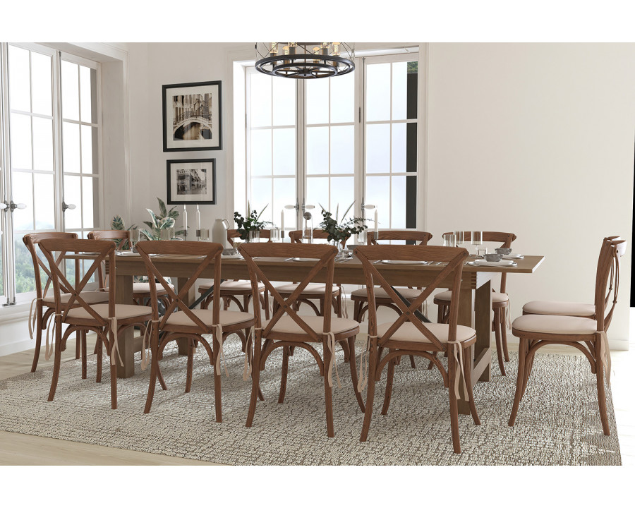 BLNK - HERCULES Series Antique Rustic Folding Farm Table Set with 12 Cross Back Chairs and Cushions