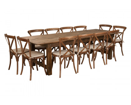 BLNK - HERCULES Series Antique Rustic Folding Farm Table Set with 12 Cross Back Chairs and Cushions