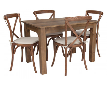 BLNK HERCULES Antique Rustic Farm Table Set with 4 Cross Back Chairs and Cushions