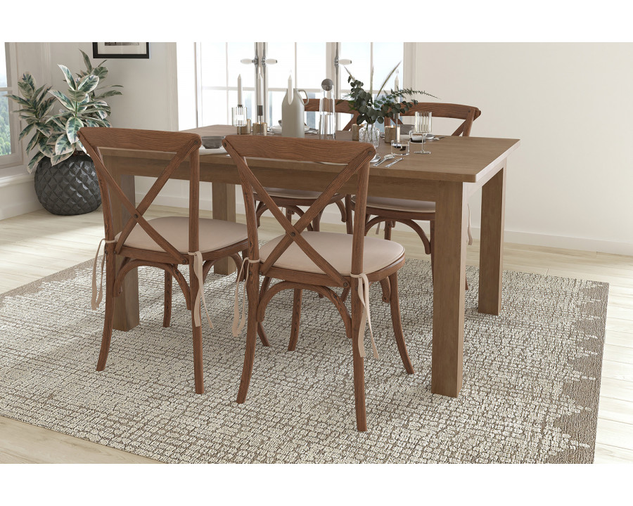 BLNK HERCULES Antique Rustic Farm Table Set with 4 Cross Back Chairs and Cushions - 38"W x 60"L