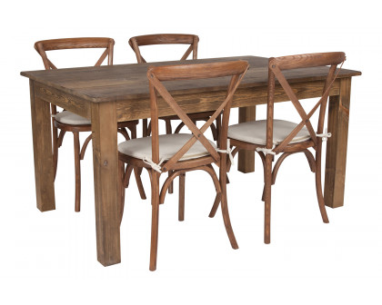 BLNK HERCULES Antique Rustic Farm Table Set with 4 Cross Back Chairs and Cushions - 38"W x 60"L