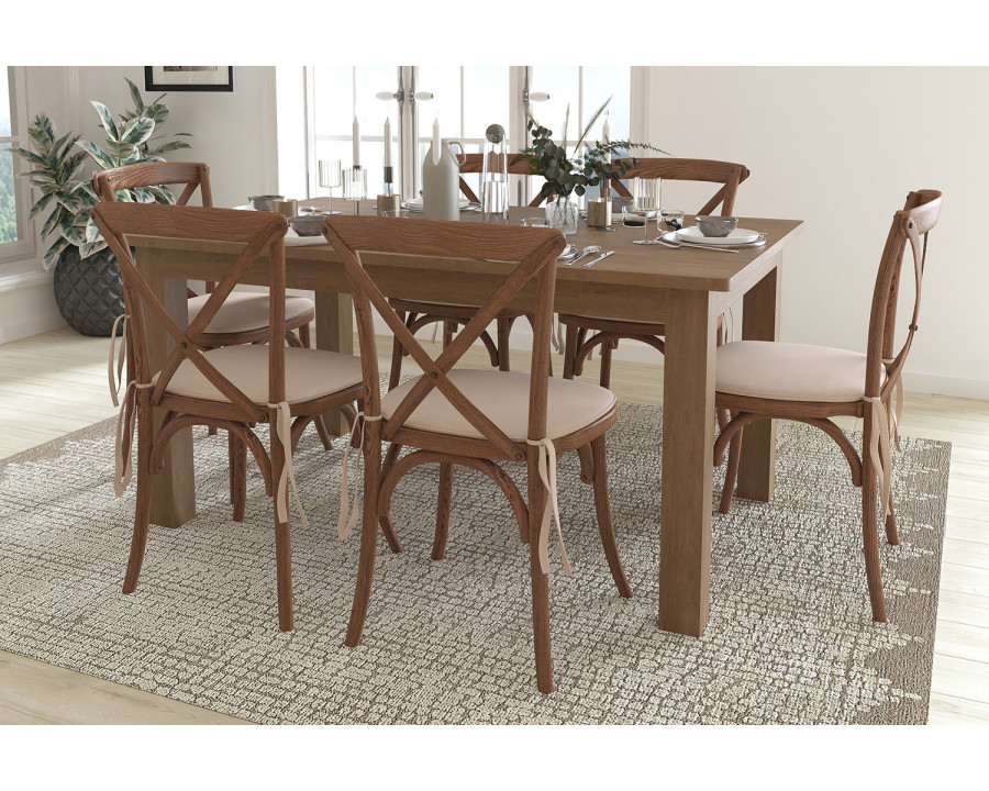 BLNK - HERCULES Antique Rustic Farm Table Set with 6 Cross Back Chairs and Cushions