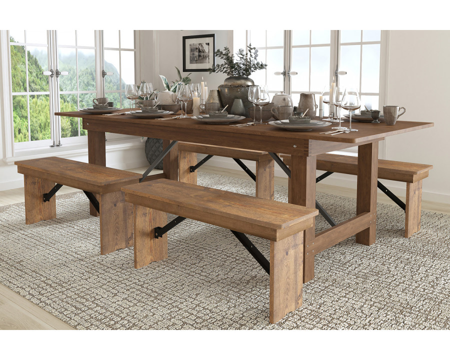 BLNK HERCULES Series Antique Rustic Folding Farm Table and Four 40.25"L Bench Set