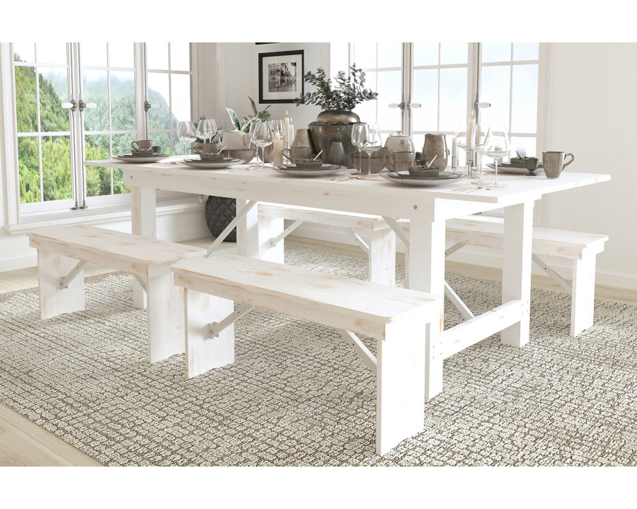 BLNK HERCULES Series Antique Rustic Folding Farm Table and Four 40.25"L Bench Set - White