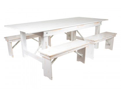 BLNK HERCULES Series Antique Rustic Folding Farm Table and Four 40.25"L Bench Set - White