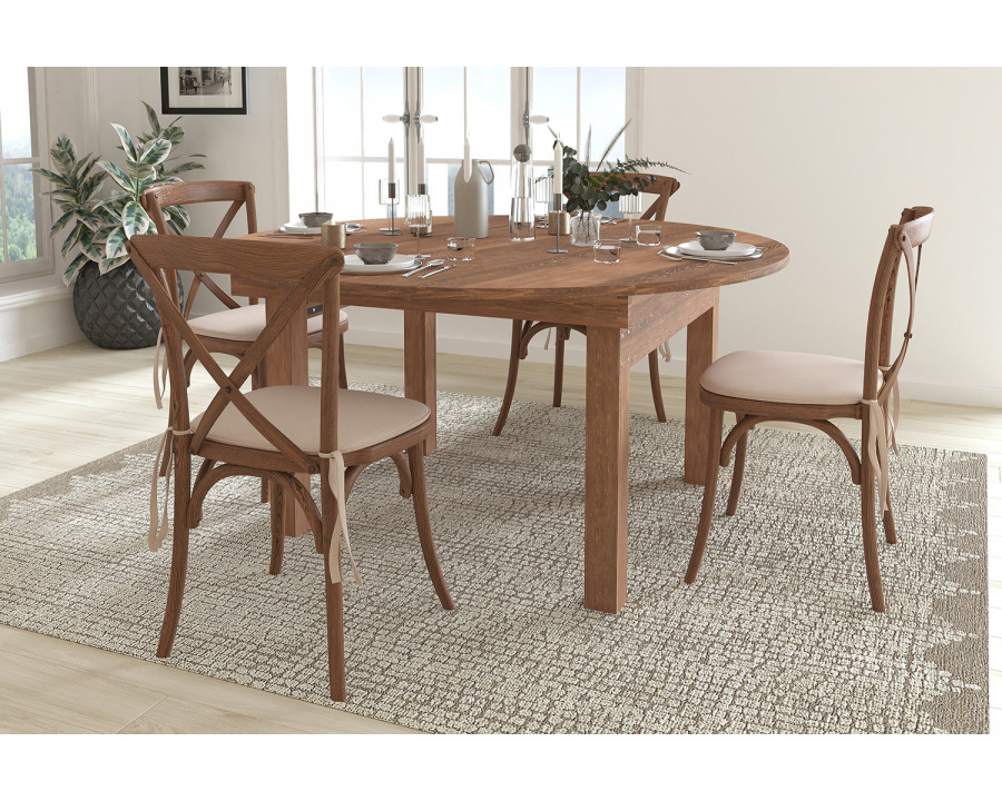 BLNK - HERCULES Series Round Solid Pine Folding Farm Dining Table Set with 4 Cross Back Chairs and Cushions