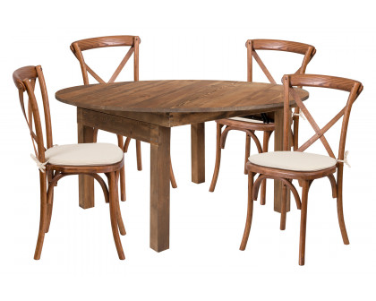 BLNK - HERCULES Series Round Solid Pine Folding Farm Dining Table Set with 4 Cross Back Chairs and Cushions