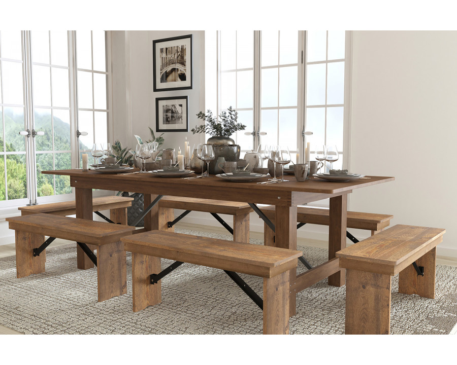 BLNK HERCULES Series Antique Rustic Folding Farm Table and Six Bench Set