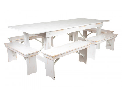 BLNK HERCULES Series Antique Rustic Folding Farm Table and Six Bench Set - White