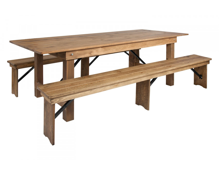 BLNK HERCULES Series Antique Rustic Folding Farm Table and Two Bench Set - Natural, 40"W x 8'L