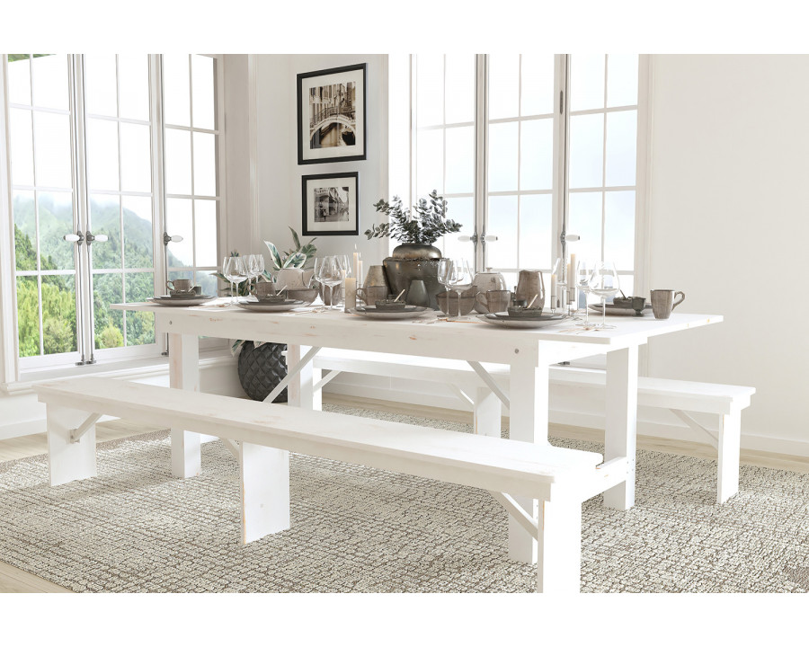 BLNK HERCULES Series Antique Rustic Folding Farm Table and Two Bench Set